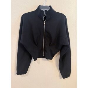 Forever 21 Black Cropped Zip Up Sweatshirt Jacket Womens Small High Neck